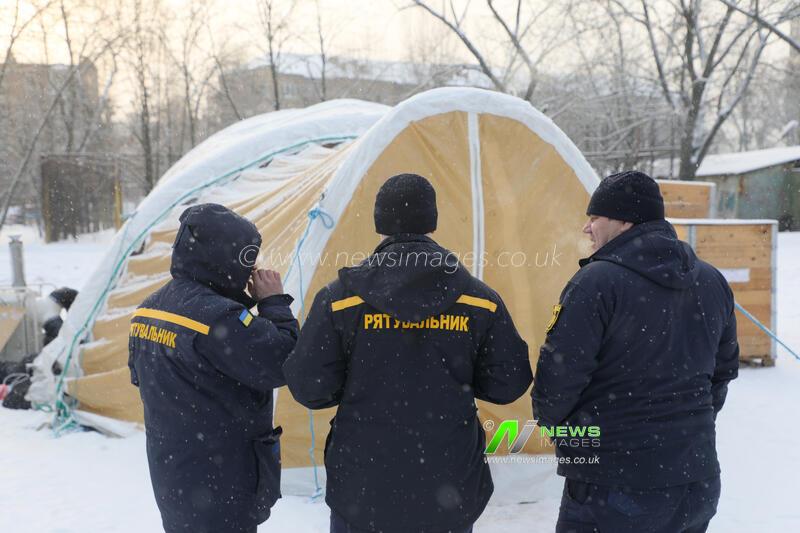 Heating tent set up in Lisovyi residential area of Kyiv