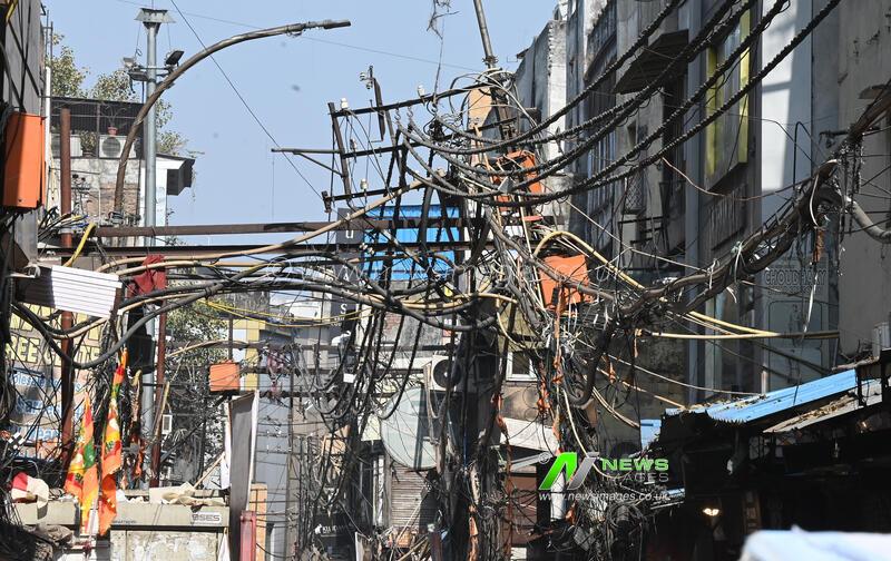 India: View Of Dense Mesh Of Electrical Wires Hanging In Chandni Chowk Delhi 