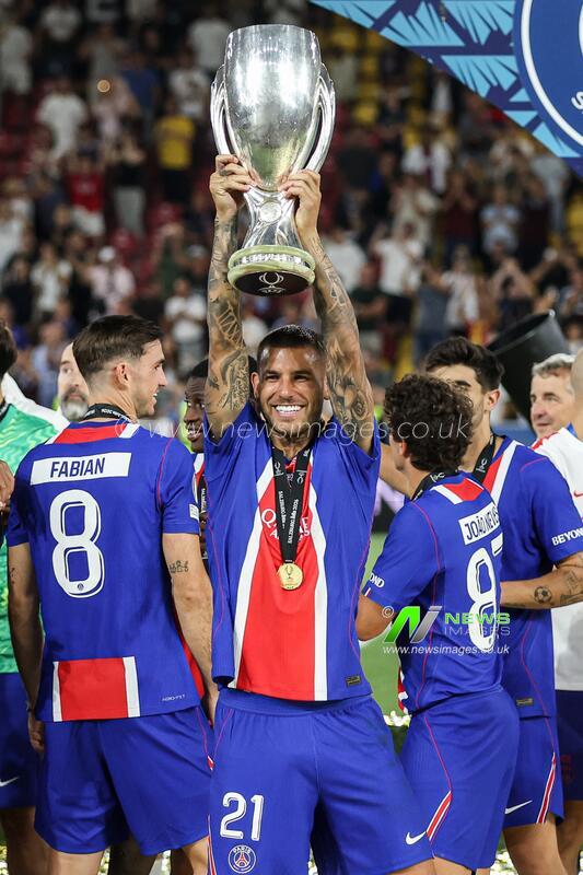 The medal ceremony after UEFA Super Cup 2026 match between Paris Saint Germain and Aston Villa in Salzburg, Austria - 12 Aug 2026