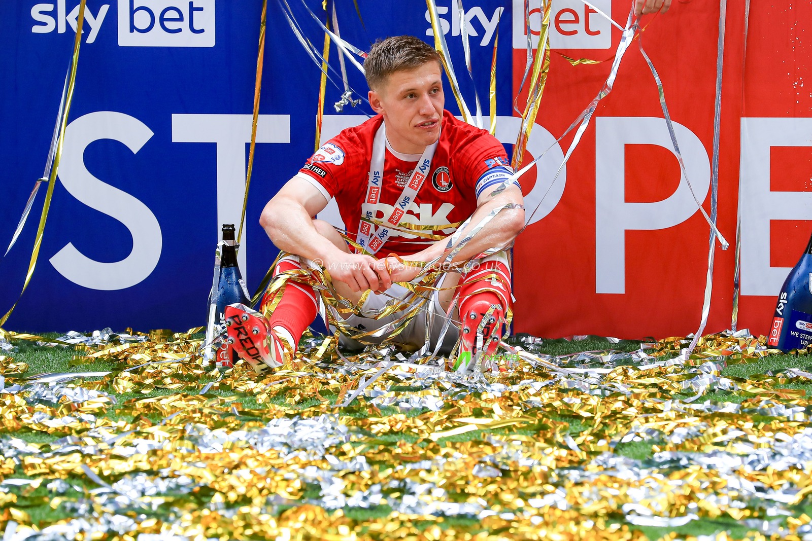 Greg Docherty of Charlton Athletic celebrate getting promotion back to the Sky Bet Championship after the Sky Bet League 1 Playoff Final match Charlton Athletic vs Leyton Orient at Wembley Stadium, London, United Kingdom, 25th May 2025

(Photo by Jorge Horsted/News Images)