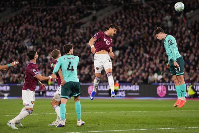 Konstantinos Mavropanos of West Ham United scores header to make it 1-0 during the Premier League match West Ham United vs Wolverhampton Wanderers at London Stadium, London, United Kingdom on 10 April 2026

(Photo by Harvey Murphy/News Images)