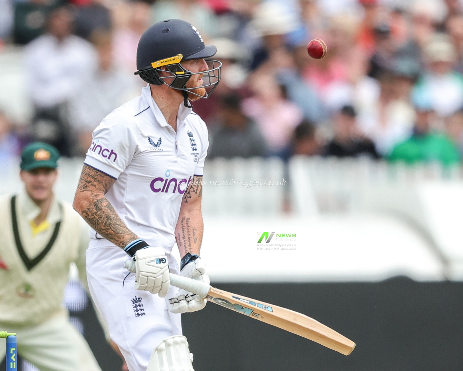 Ben Stokes of England  looks at the ball as it bounces off the ground from a safety shot during the LV= Insurance Ashes Test Series Second Test Day 5 England v Australia at Lords, London, United Kingdom, 2nd July 2023

(Photo by Mark Cosgrove/News Images)