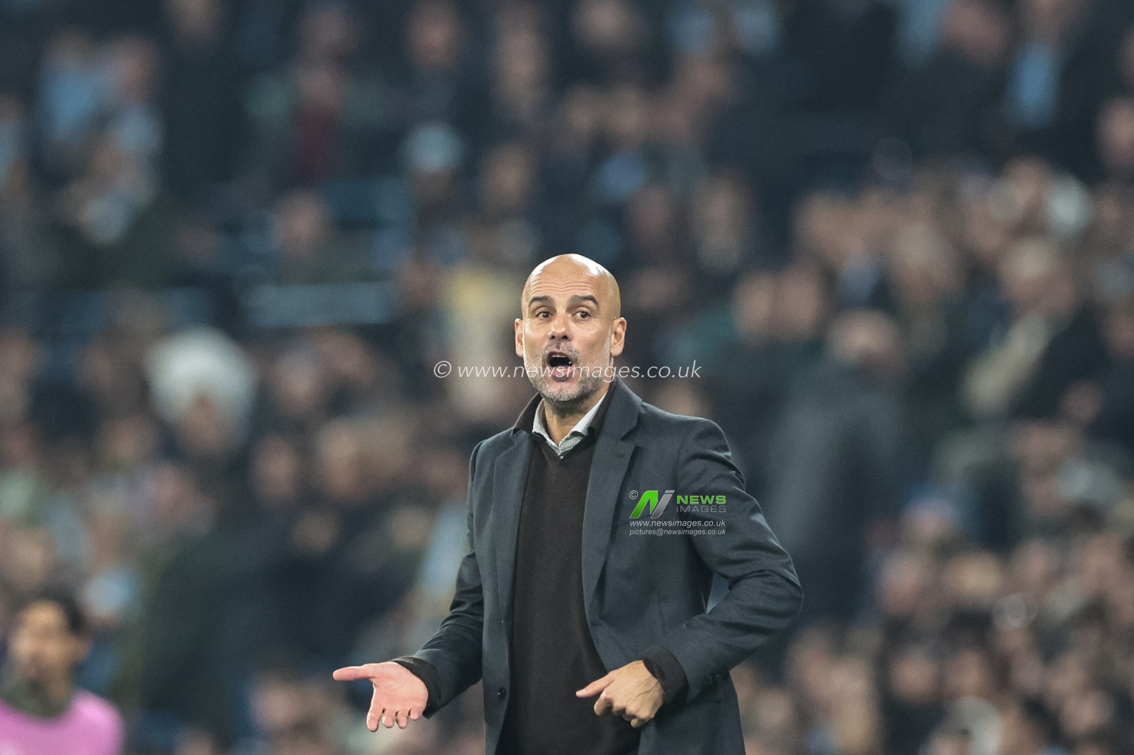 Pep Guardiola manager of Manchester City reacts in the technical area during the UEFA Champions League Matchday 4 of 8 Manchester City vs Borussia Dortmund at the City of Manchester Stadium, Manchester, United Kingdom, 5th November 2025

(Photo by Mark Cosgrove/News Images)

*** GER AUT SUI OUT ***