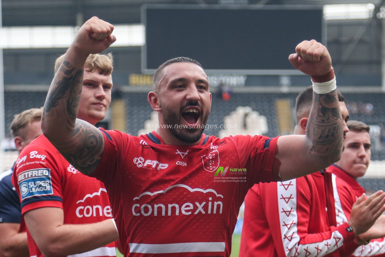 Elliot Minchella #17 of Hull KR shows his happiness after the victory over Hull FC after the Betfred Super League match Hull FC vs Hull KR at MKM Stadium, Hull, United Kingdom, 3rd September 2022

(Photo by David Greaves Photos/ Via/News Images)