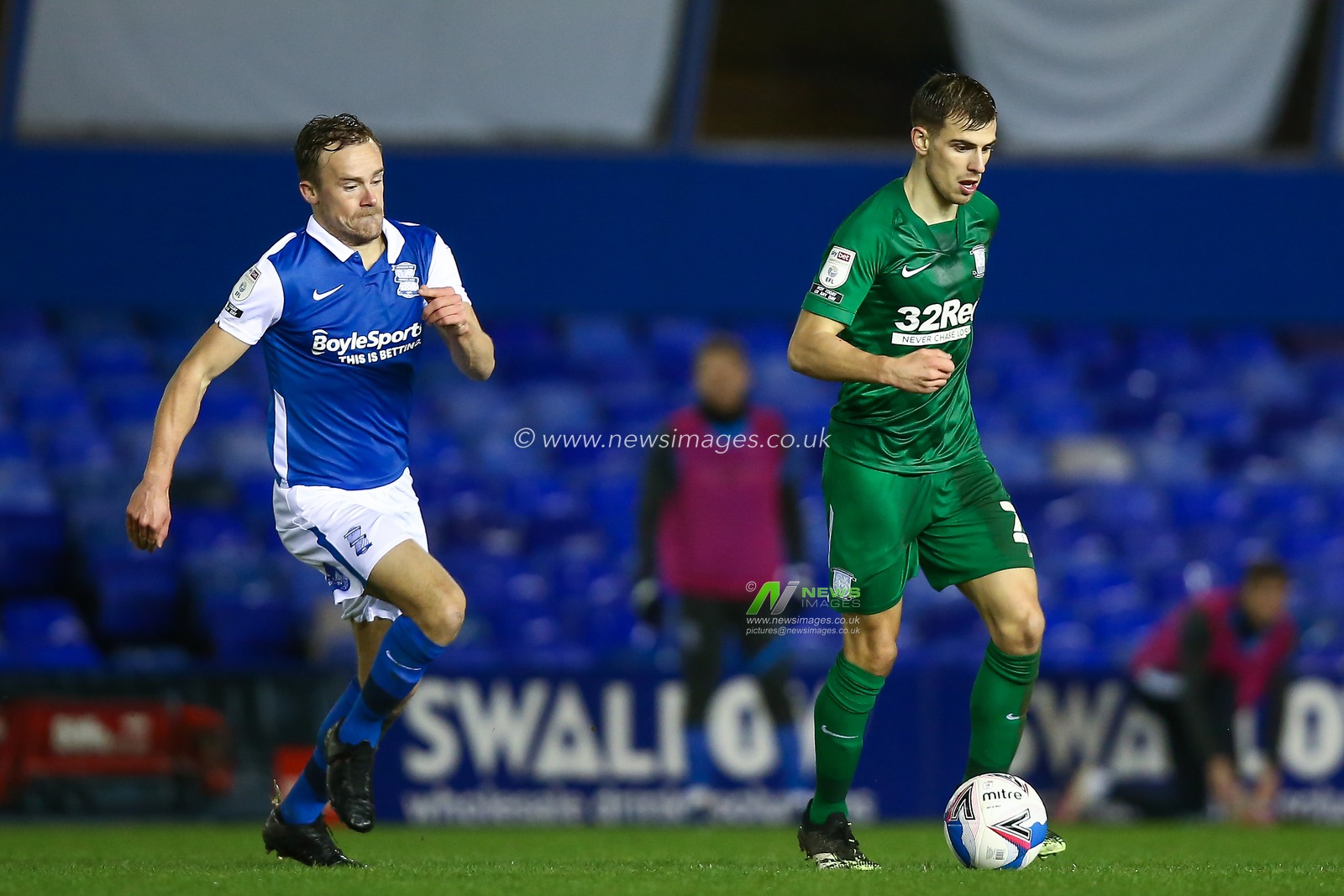 Paul Huntington #23 of Preston North End dribbles the ball whilst under pressure from Maikel Kieftenbeld #6 of Birmingham City