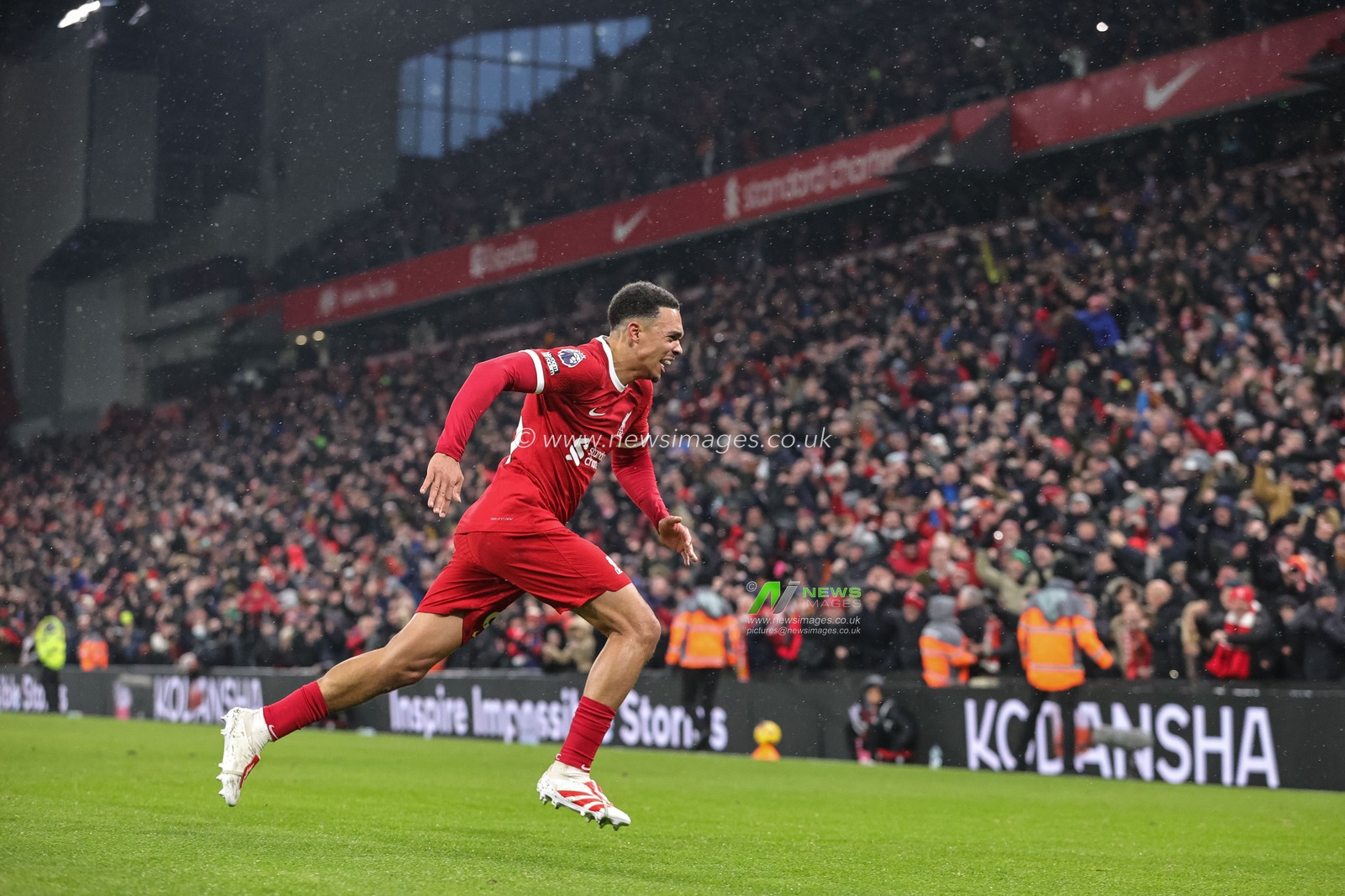 Trent Alexander-Arnold #66 of Liverpool celebrates his goal to make it 4-3 during the Premier League match Liverpool vs Fulham at Anfield, Liverpool, United Kingdom, 3rd December 2023

(Photo by Mark Cosgrove/News Images)