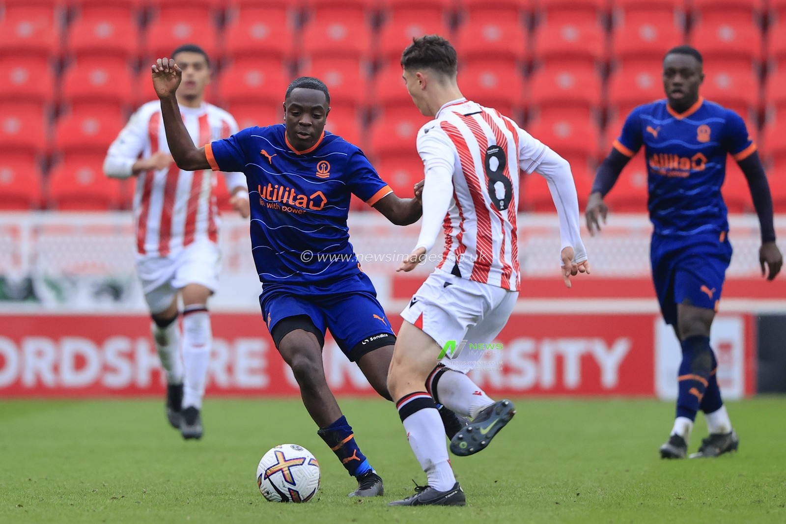 Danai Hassan of Blackpool in action during the FA Youth Cup Third Round Proper match Stoke City U18 vs Blackpool U18 at Bet365 Stadium, Stoke-on-Trent, United Kingdom, 17th December 2022

(Photo by Conor Molloy/News Images)
