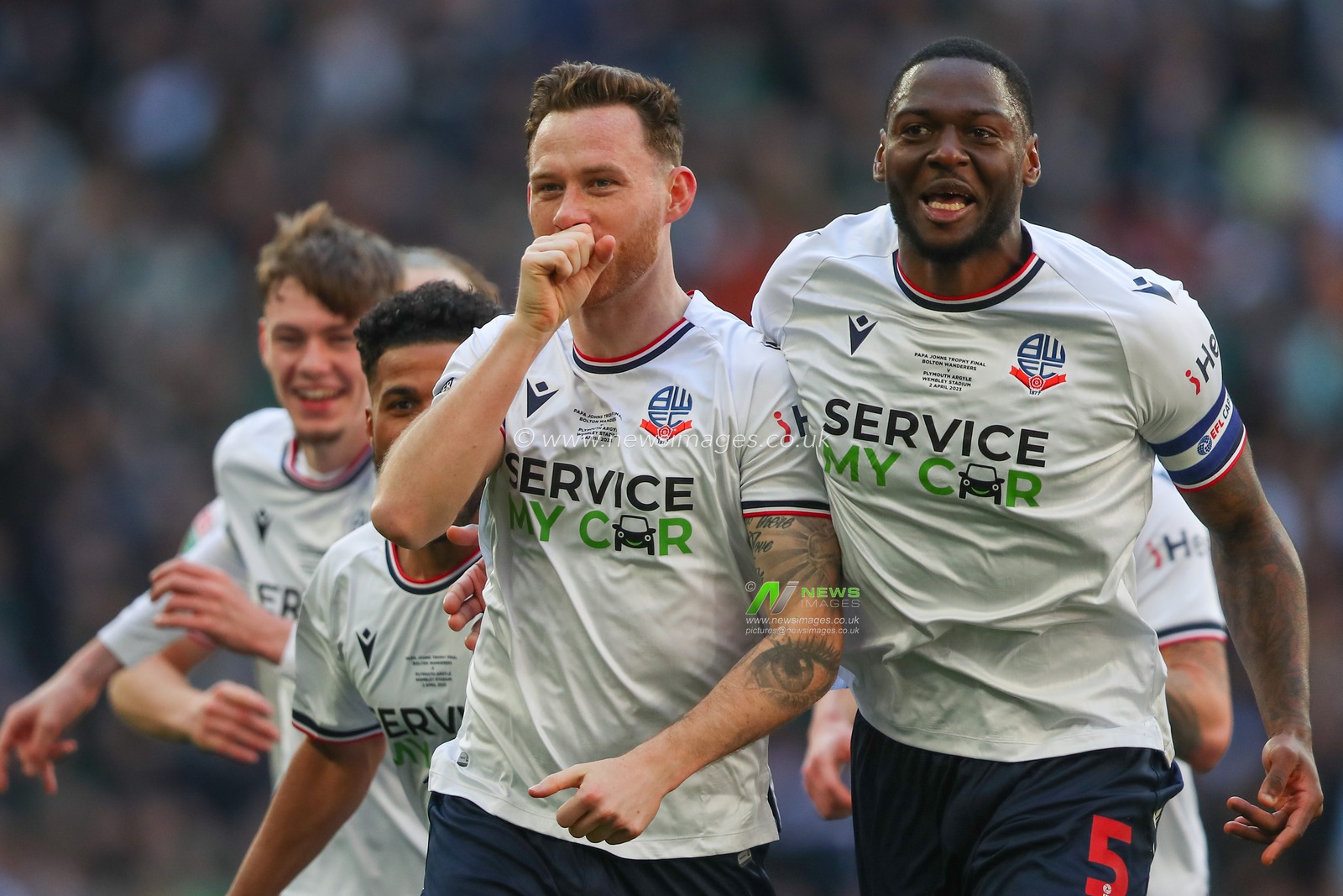 Gethin Jones #2 of Bolton Wanderers celebrates his goal to make it 4-0 during the Papa John's Trophy Final match Bolton Wanderers vs Plymouth Argyle at Wembley Stadium, London, United Kingdom, 2nd April 2023

(Photo by Gareth Evans/News Images)
