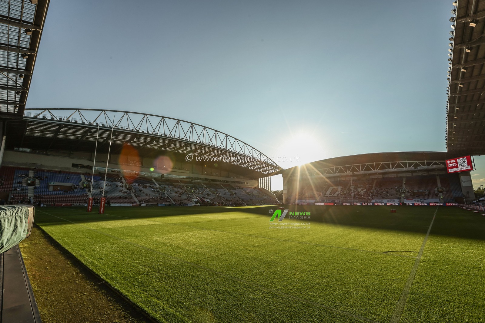 A general view of the Brick Community Stadium ahead of the Betfred Super League round 22 match Wigan Warriors vs Hull KR at The Brick Community Stadium, Wigan, United Kingdom, 15th August 2025

(Photo by Alfie Cosgrove/News Images)