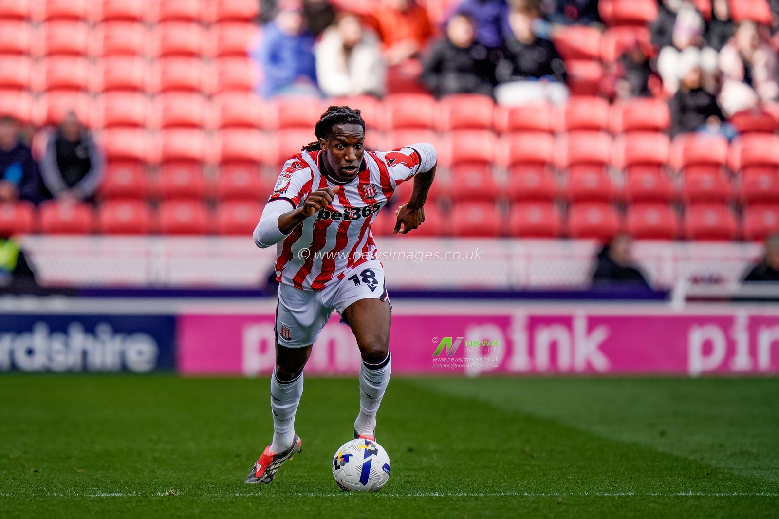 Bosun Lawal of Stoke City makes a run with the ball  during the Sky Bet Championship match Stoke City vs Blackburn Rovers at Bet365 Stadium, Stoke On Trent, United Kingdom on 11 April 2026

(Photo by Maynard Manyowa/News Images)