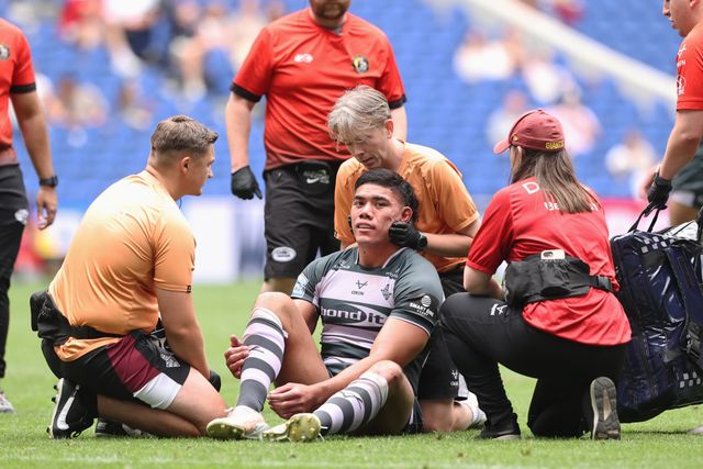 Chris Patolo of Huddersfield Giants receives treatment for an injury during the Betfred Super League Magic Weekend match Huddersfield Giants vs York Knights at Hill Dickinson Stadium, Liverpool, United Kingdom on 04 July 2026

(Photo by Alfie Cosgrove/News Images)