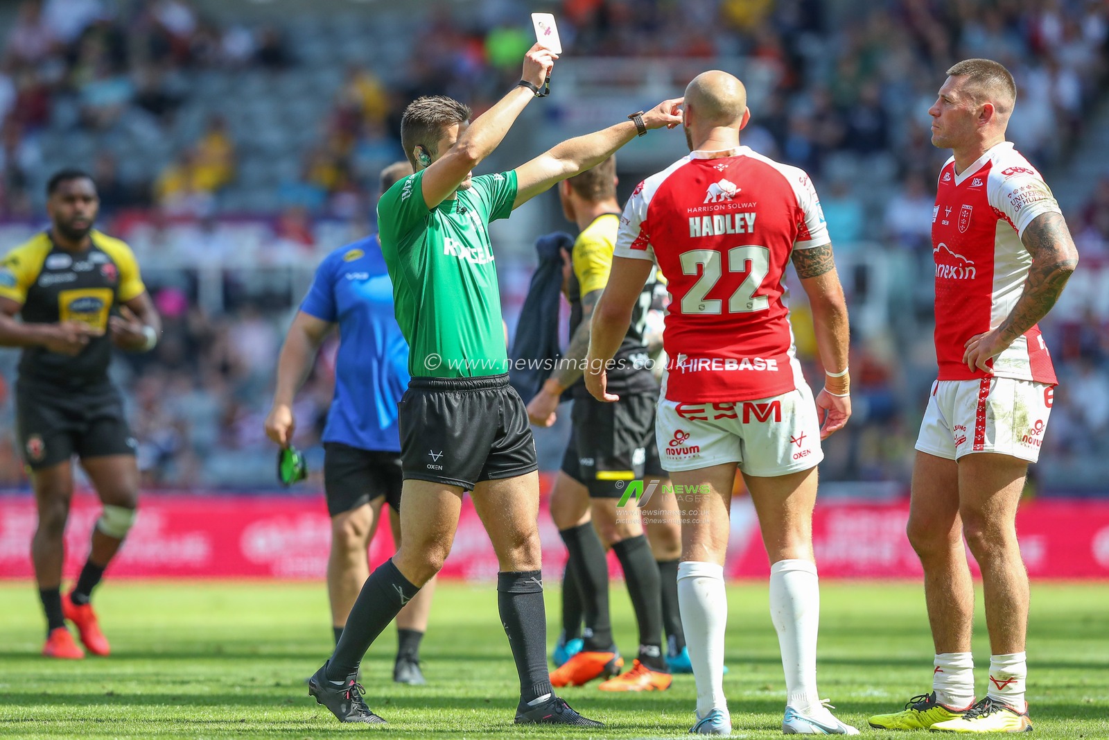 Dean Hadley #22 of Hull KR is shown a yellow card during the Betfred Super League Magic Weekend match Salford Red Devils vs Hull KR at St. James's Park, Newcastle, United Kingdom, 3rd June 2023

(Photo by Gareth Evans/News Images)