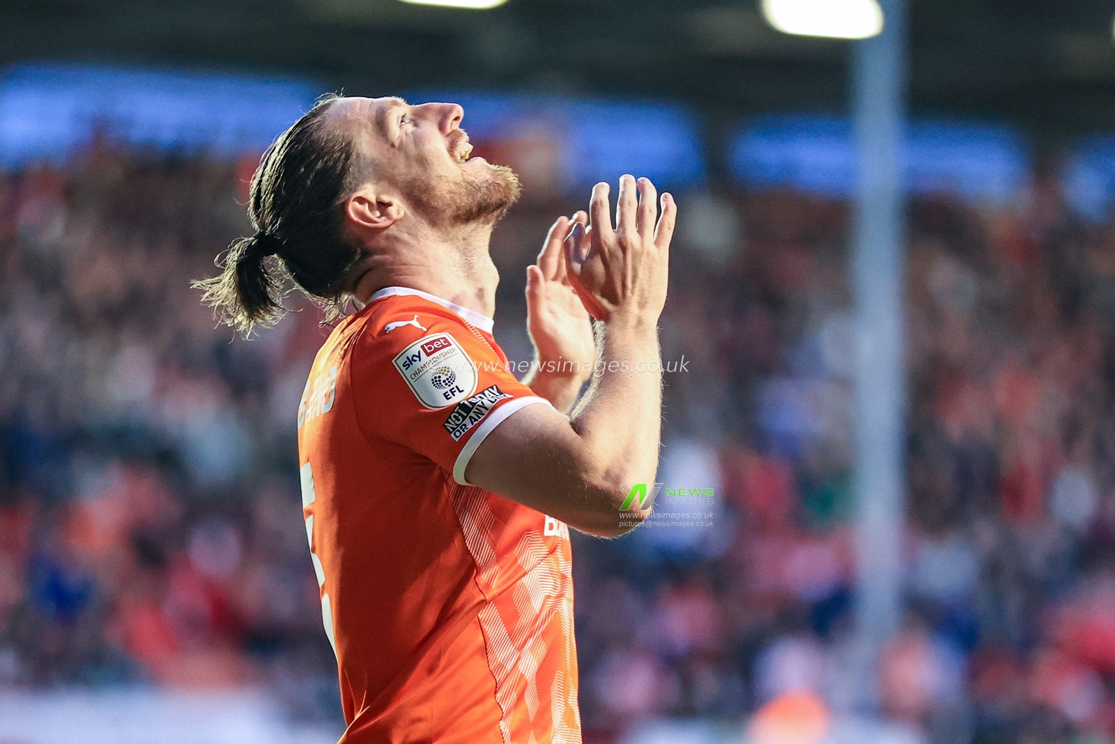 James Husband #3 of Blackpool reacts as his header on goal just misses the target