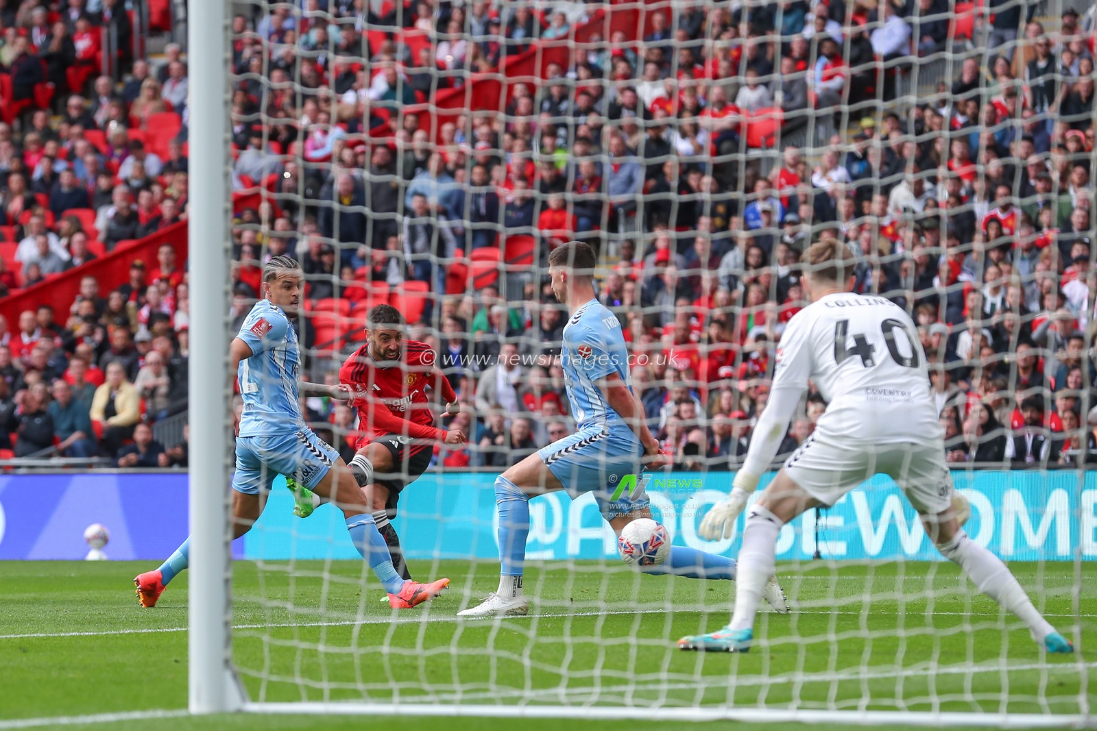 Bruno Fernandes of Manchester United strikes the ball to make it 0-3 Manchester United, during the Emirates FA Cup Semi-Final match Coventry City vs Manchester United at Wembley Stadium, London, United Kingdom, 21st April 2024

(Photo by Gareth Evans/News Images)