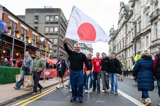 Welsh and Japanese fans on Westgate Street ahead of Kick-off of the Quilter Nations Series 2025 match Wales vs Japan at Principality Stadium, Cardiff, United Kingdom, 15th November 2025

(Photo by Andrew Lewis/News Images)

*** GER AUT SUI OUT ***