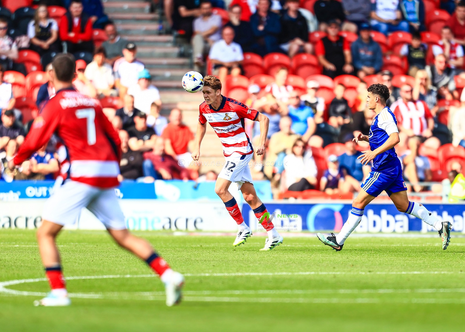 Connor O'Riordan of Doncaster Rovers heads the ball during the Sky Bet League 1 match Doncaster Rovers vs Exeter City at Eco-Power Stadium, Doncaster, United Kingdom, 2nd August 2025

(Photo by Richard Bierton/News Images)