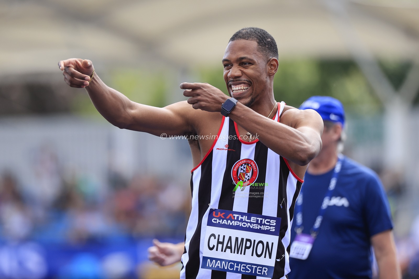 Zharnel Hughes celebrates winning the menâ€™s 200m final during the UK Athletics Championships at Manchester Regional Arena, Manchester, United Kingdom, 9th July 2023

(Photo by Conor Molloy/News Images)