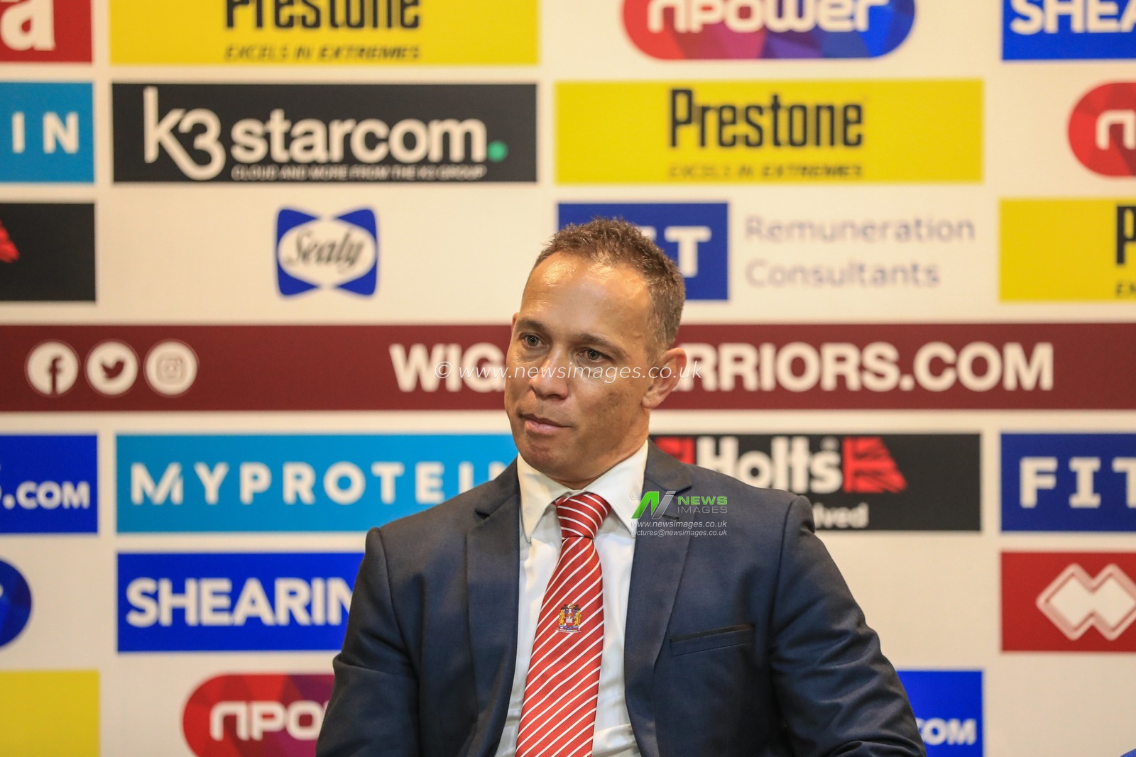 20th September 2019 , DW Stadium, Wigan, England;  Betfred Super League, Round Playoffs, Wigan Warriors vs Salford Red Devils ; Adrian Lam head coach of Wigan Warriors speaks to the press after Wigan win 18-12


Credit: Mark Cosgrove/News Images
