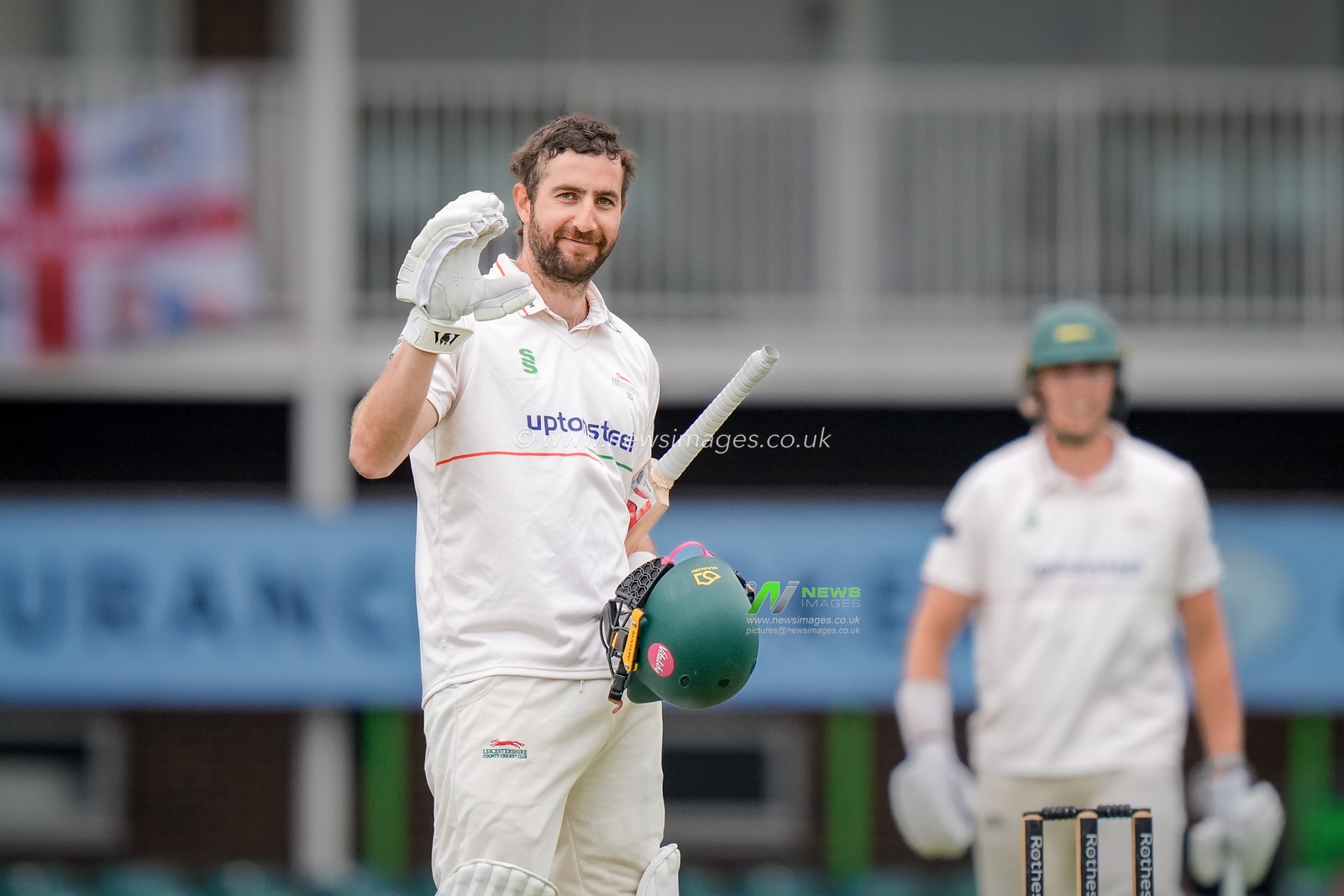 Stephen Eskinazi celebrates scoring his 100 as he reaches a century during the County Championship Division One day 3 Leicestershire vs Nottinghamshire at Grace Road, Leicester, United Kingdom on 03 May 2026

(Photo by Maynard Manyowa/News Images)