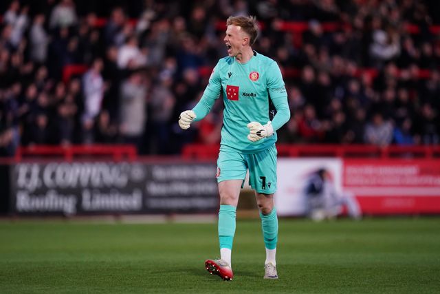 Stevenage goalkeeper Filip Marschall celebrates his sides goal to make it 1-0 during the Sky Bet League One match Stevenage vs Barnsley at Lamex Stadium, Stevenage, United Kingdom on 21st April 2026

(Photo by Harvey Murphy/News Images)