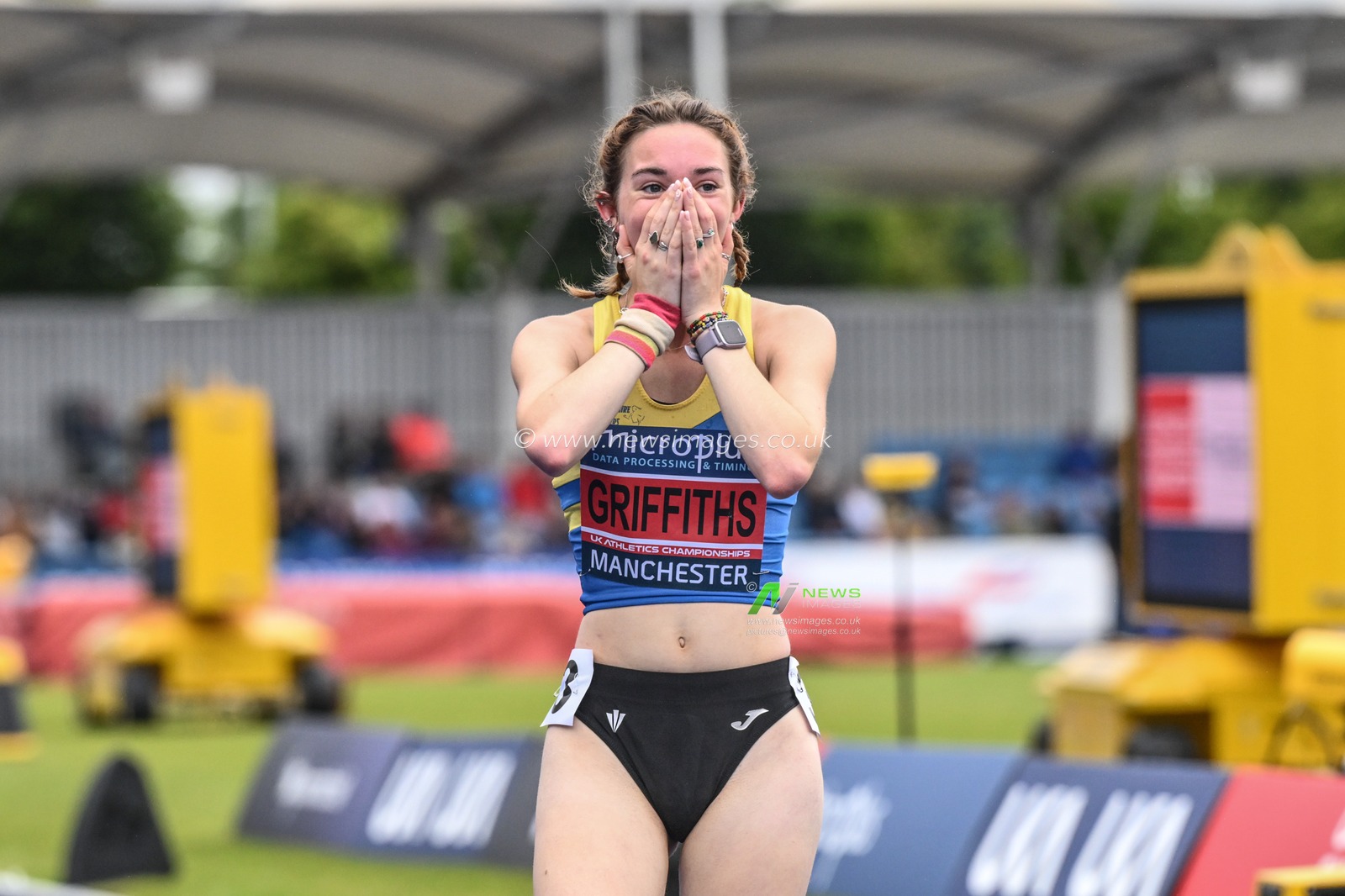 Gracie Griffiths celebrates winning the womenâ€™s 5000m walk during the Microplus UK Athletics Championships Day 2 at Manchester Regional Arena, Manchester, United Kingdom, 30th June 2024

(Photo by Craig Thomas/News Images)
