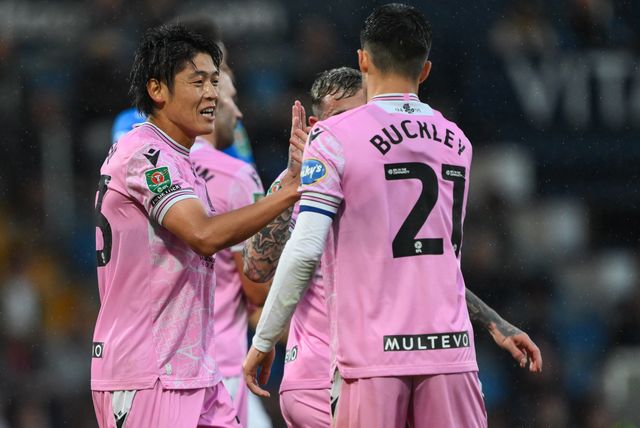 Yuki Ohashi of Blackburn Rovers celebrates his goal to make it 0-4 during the Carabao Cup match Stockport County vs Blackburn Rovers at Edgeley Park Stadium, Stockport, United Kingdom, 13th August 2024

(Photo by Craig Thomas/News Images)