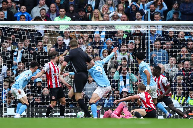 Erling Haland of Manchester City shoots and scores to make it 2-0 during the Premier League match Manchester City vs Brentford at The City in the Community Etihad Stadium, Manchester, United Kingdom on 09 May 2026

(Photo by Jorge Horsted/News Images)
