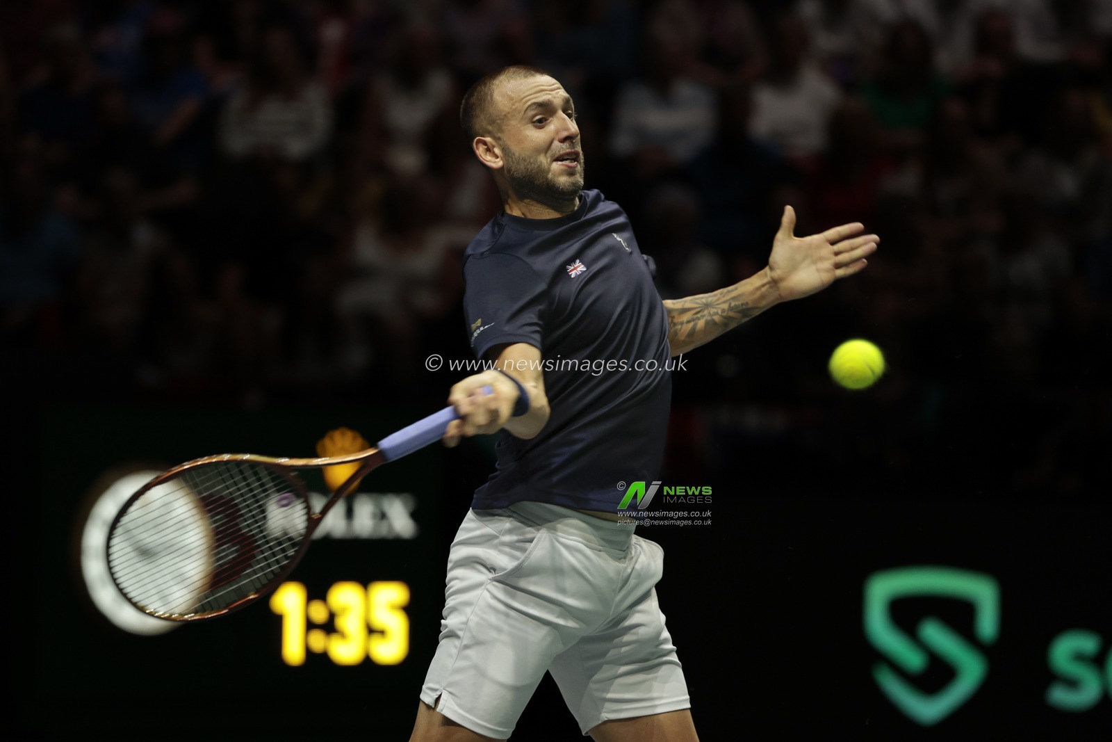 Daniel Evans (GBR) in action against Arthur Fils (FRA) during the Davis Cup match Great Britain vs France at Manchester AO Arena, Manchester, United Kingdom, 17th September 2023

(Photo by Conor Molloy/News Images)