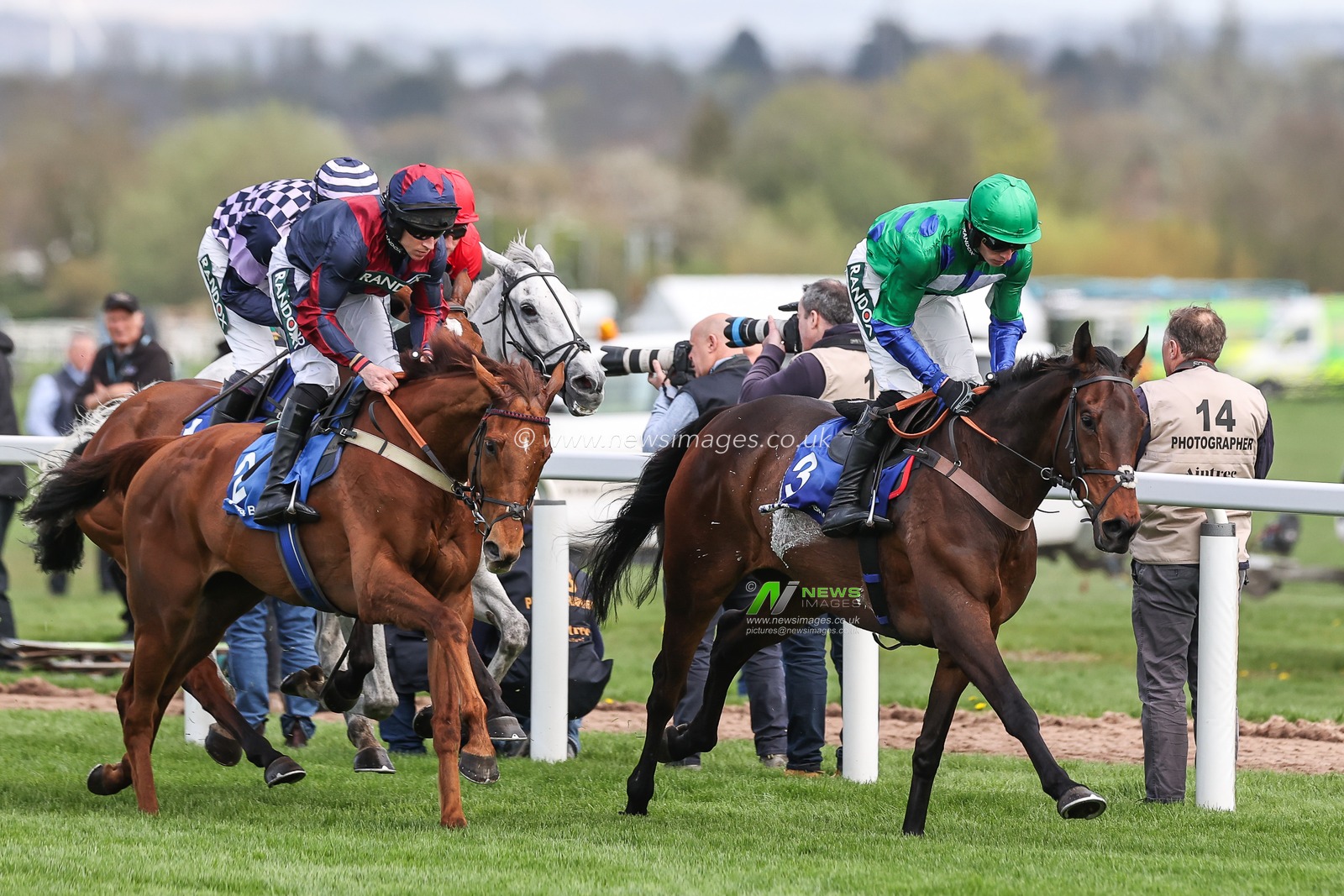 Ginny's Destiny takes the lead during the 1.45pm The Close Brothers Manifesto Novicesâ€™ Steeple Chase (Class 1) Randox Grand National 2024 Opening Day at Aintree Racecourse, Liverpool, United Kingdom, 11th April 2024

(Photo by Mark Cosgrove/News Images)