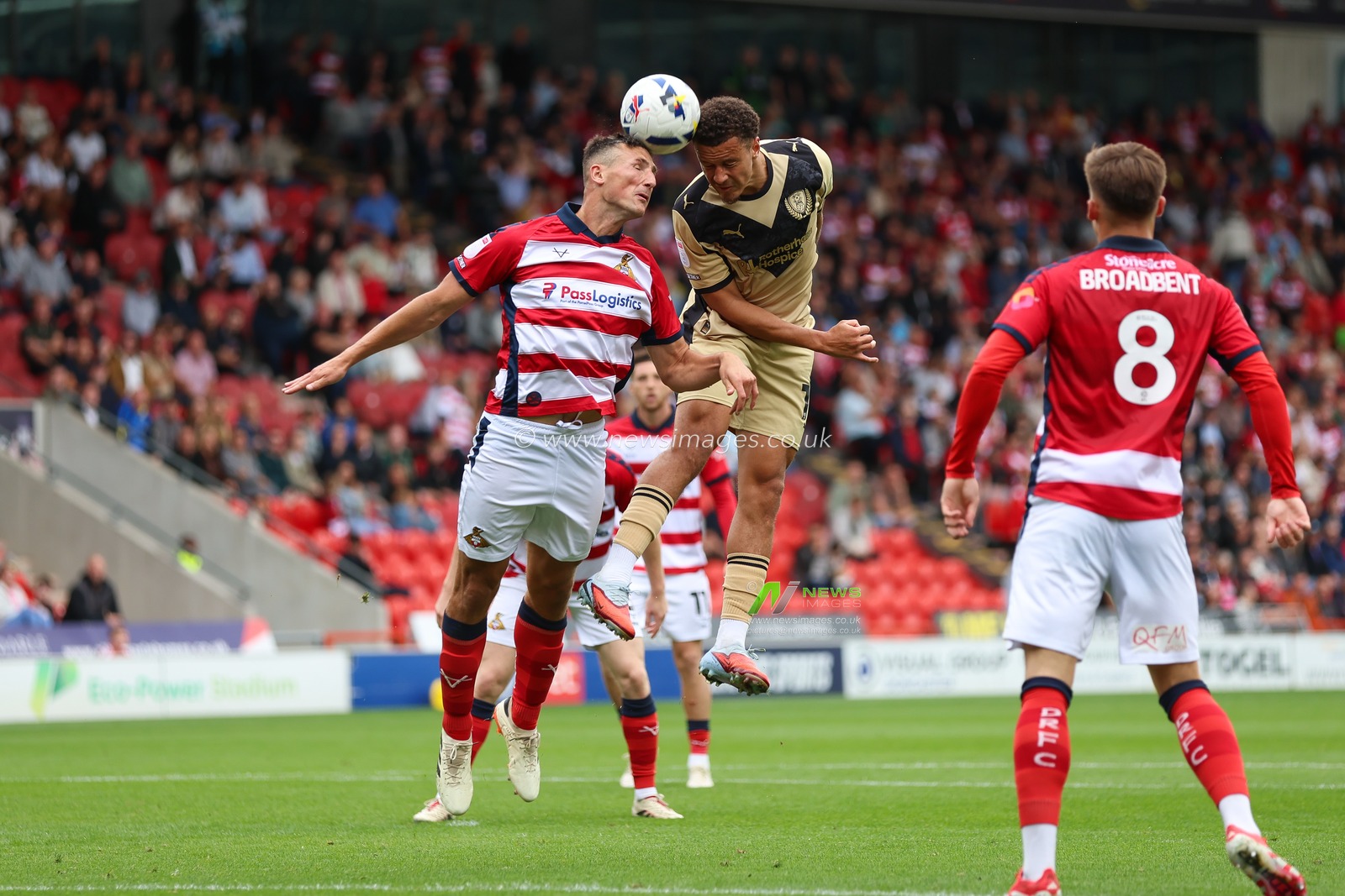 Shaun McWilliams of Rotherham United heads a corner during the Sky Bet League 1 match Doncaster Rovers vs Rotherham United at Eco-Power Stadium, Doncaster, United Kingdom, 30th August 2025

(Photo by Alex Roebuck/News Images)
