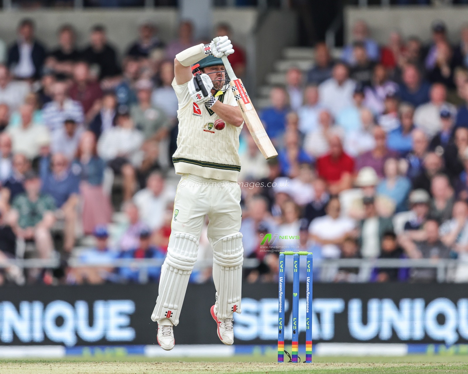 Travis Heada of Australia  takes a hit to the body during the LV= Insurance Ashes Third Test Series Day 1 England v Australia at Headingley Stadium, Leeds, United Kingdom, 6th July 2023

(Photo by Mark Cosgrove/News Images)