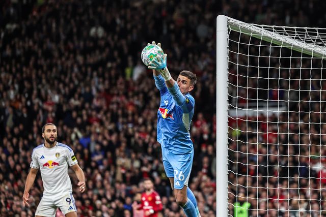 Leeds United goalkeeper Karl Darlow makes a save during the Premier League match Manchester United vs Leeds United at Old Trafford, Manchester, United Kingdom on 13 April 2026

(Photo by Mark Cosgrove/News Images)