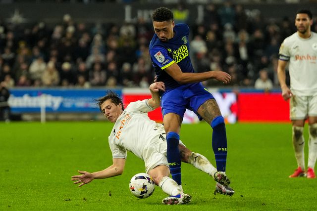 Daniel Jebbison of Preston North End is tackled by Goncalo Franco of Swansea City during the Sky Bet Championship match Swansea City vs Preston North End at Swansea.com Stadium, Swansea, United Kingdom on 24 February 2026

(Photo by Andrew Lewis/News Images)