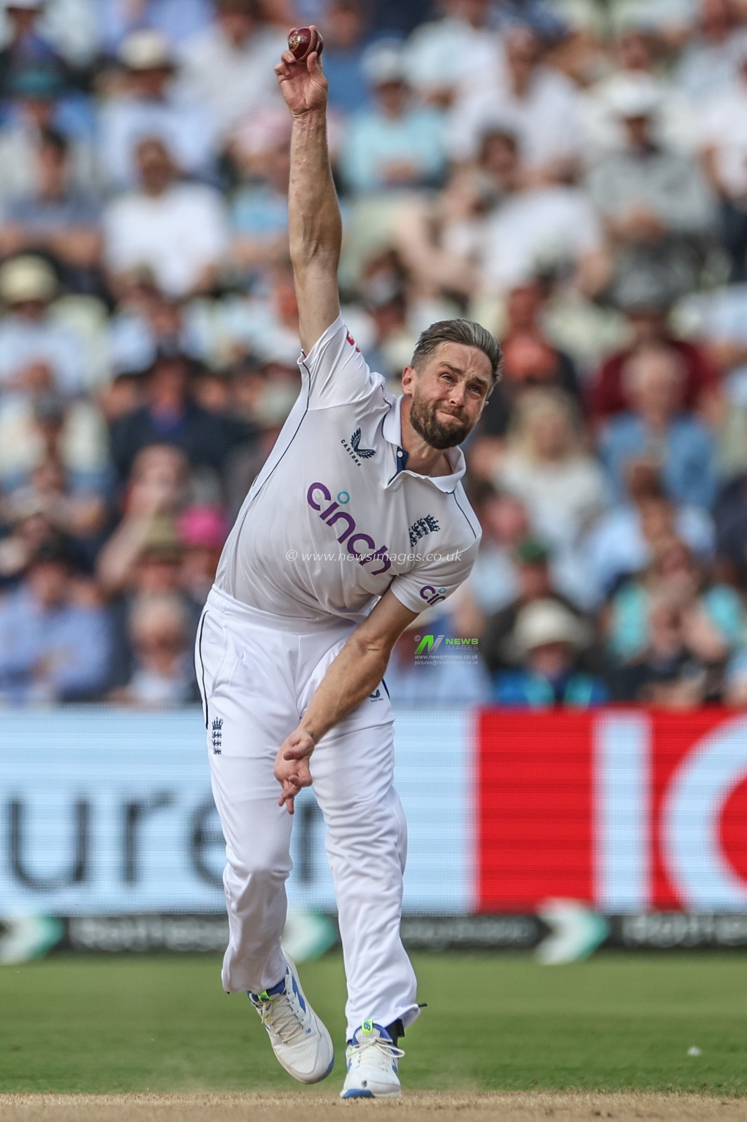 Chris Woakes of England bowls out Kraigg Brathwaite of West Indies for 0 runs during Day Two of the Rothesay Test match England vs West Indies at Edgbaston, Birmingham, United Kingdom, 27th July 2024

(Photo by Mark Cosgrove/News Images)