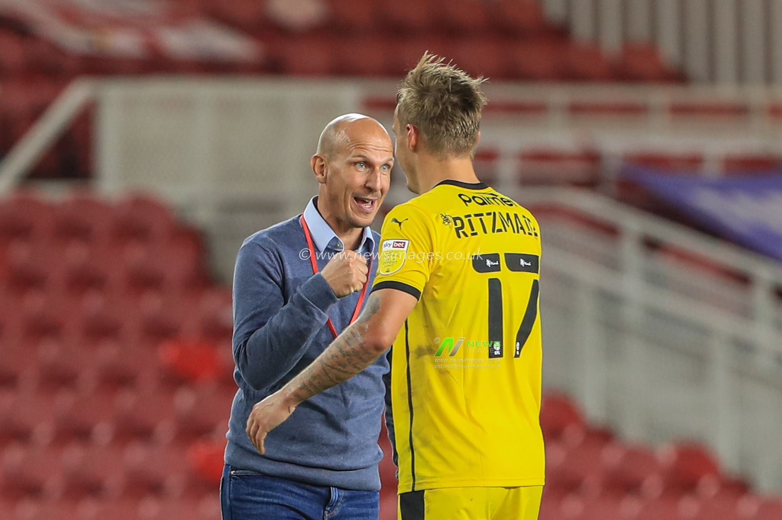 Gerhard Struber manager of Barnsley FC congratulates Marcel Ritzmaier (17) of Barnsley on a great game