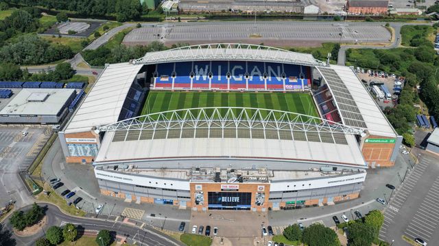 An aerial view of The Brick Community Stadium during the Betfred Super League round 18 match Wigan Warriors vs Warrington Wolves at The Brick Community Stadium, Wigan, United Kingdom on 10 July 2026

(Photo by Mark Cosgrove/News Images)