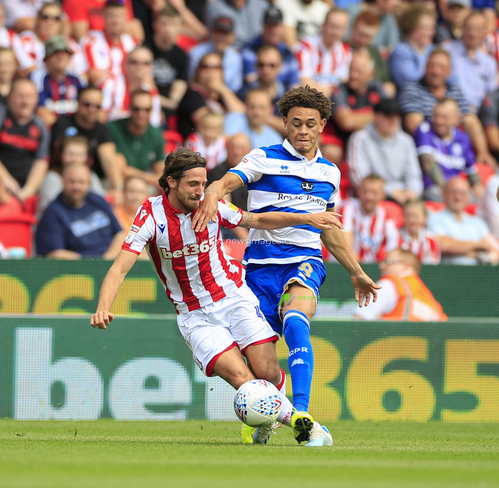 3rd August 2019, Bet365 Stadium, Stoke-on-Trent, England; Sky Bet Championship, Stoke City v Queens Park Rangers ;Joe Allen (04) of Stoke City is challenged by Luke Amos (08) of Queens Park Rangers

Credit: Conor Molloy/News Images

English Football League images are subject to DataCo Licence