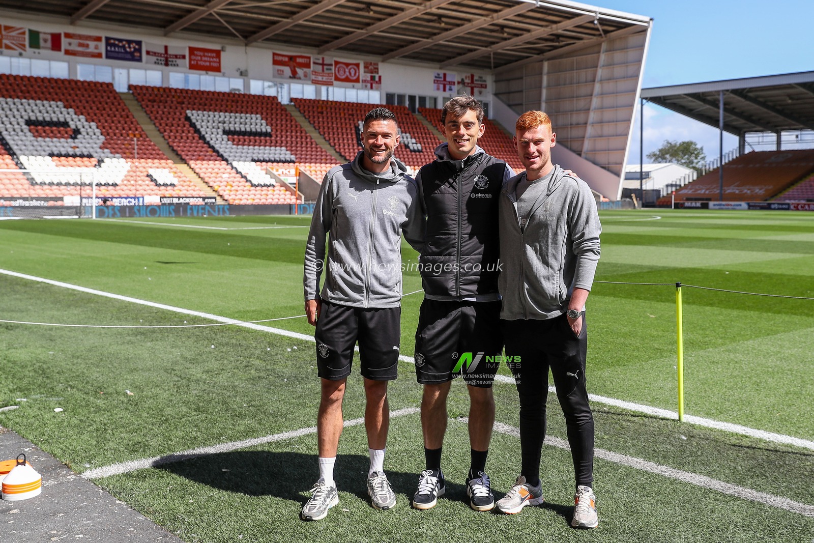 Richard O'Donnell of Blackpool, Harry Tyrer of Blackpool and Mackenzie Chapman of Blackpool arrive ahead of the Sky Bet League 1 match Blackpool vs Bristol Rovers at Bloomfield Road, Blackpool, United Kingdom, 3rd May 2025

(Photo by Gareth Evans/News Images)