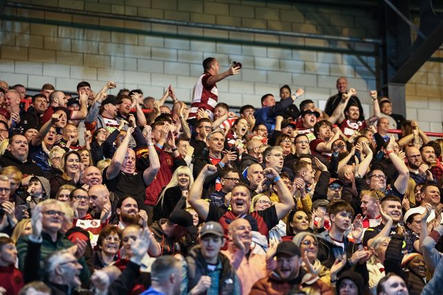 Wigan fans celebrate the try of Zach Eckersley of Wigan Warriors during the Betfred Super League Round 7 match Hull KR vs Wigan Warriors at Sewell Group Craven Park, Kingston upon Hull, United Kingdom, 11th April 2025

(Photo by Mark Cosgrove/News Images)