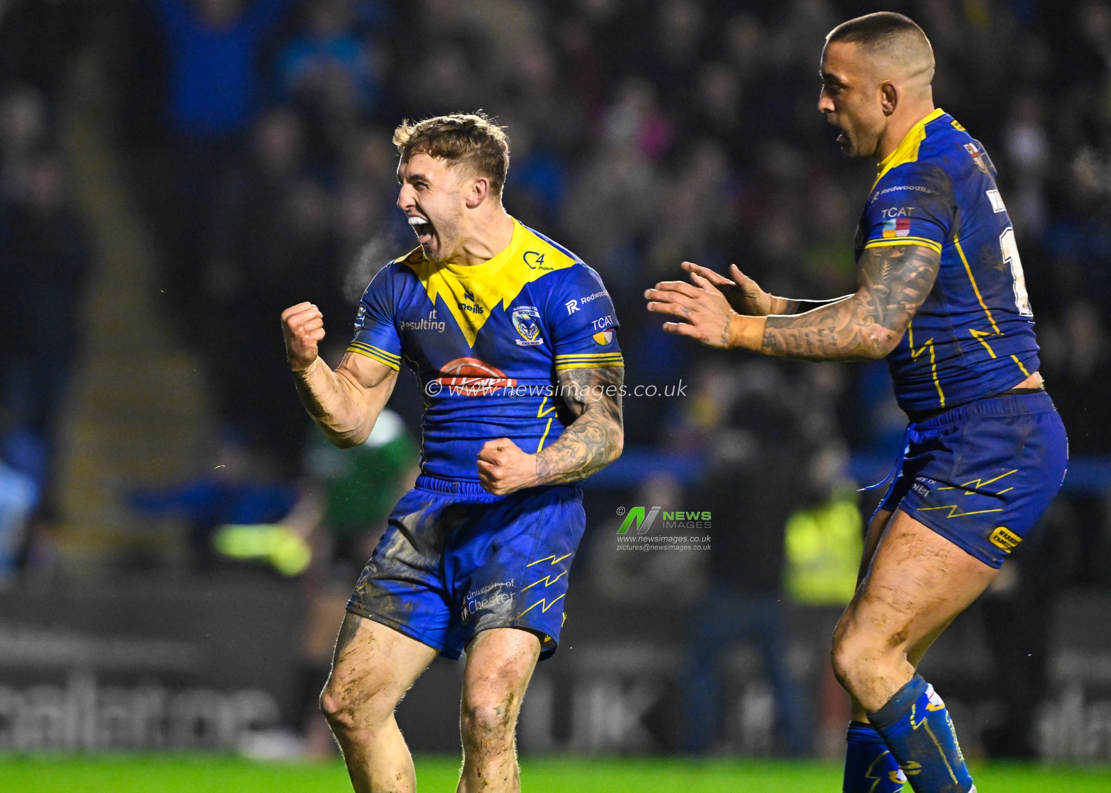 Sam Powell celebrates his first try for Warrington make it 20-10 Warrington, during the Betfred Super League Round 2 match Warrington Wolves vs Hull FC at Halliwell Jones Stadium, Warrington, United Kingdom, 23rd February 2024

(Photo by Cody Froggatt/News Images)