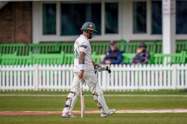 Jake Weatherald walks off after being caught off the bowling of Lyndon Jamesduring the County Championship Division One day 3 Leicestershire vs Nottinghamshire at Grace Road, Leicester, United Kingdom on 03 May 2026

(Photo by Maynard Manyowa/News Images)