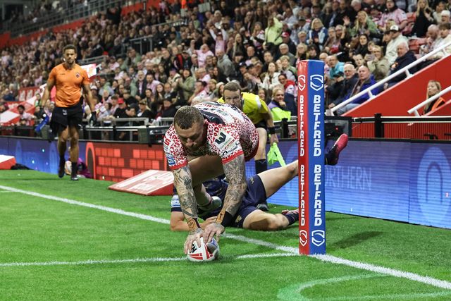 Josh Charley of Leigh Leopards goes over for a try during the Betfred Super League Round 23 match Leigh Leopards vs Salford Red Devils at Leigh Sports Village, Leigh, United Kingdom, 22nd August 2025

(Photo by Mark Cosgrove/News Images)