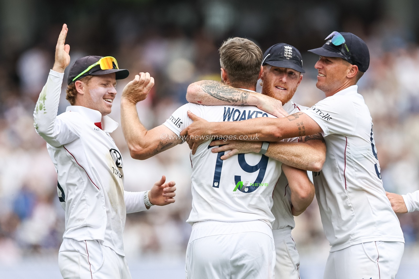 Chris Woakes of England celebrates the wicket of Nitish Kumar Reddy of India with England captain Ben Stokes during the 3rd Rothesay Test Match Day 5 England v India at Lords, London, United Kingdom, 14th July 2025

(Photo by Mark Cosgrove/News Images)