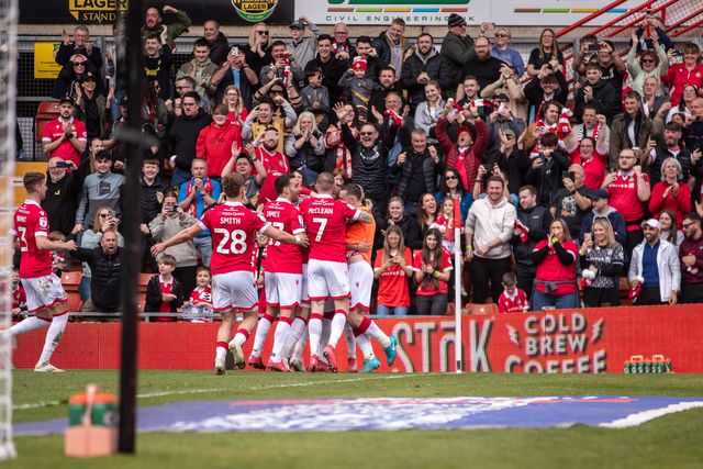 Wrexham players celebrate Jay Rodriguezâ€™s opening goal during the Sky Bet League 1 match Wrexham vs Stockport County at SToK Cae Ras, Wrexham, United Kingdom, 22nd March 2025

(Photo by Nik Mesney/News Images)