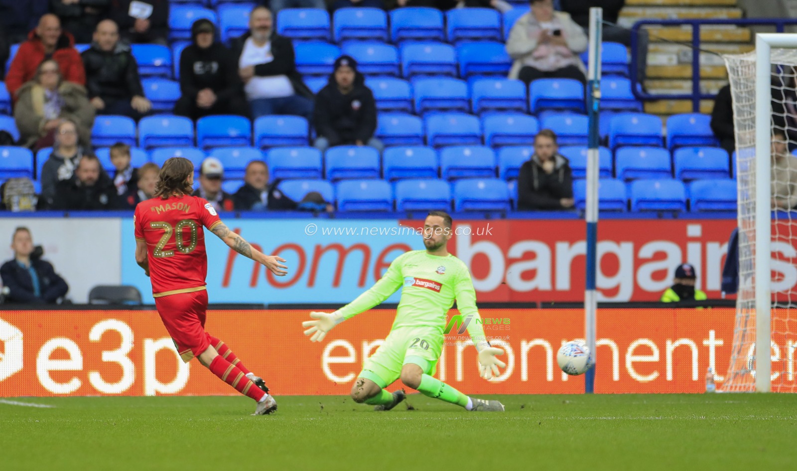 16th November 2019, University of Bolton Stadium, Bolton, England; Sky Bet League 1, Bolton Wanderers v MK Dons : Joe Mason (20) of Milton Keynes Dons shoots on goal but it goes wide

Credit: Conor Molloy/News Images