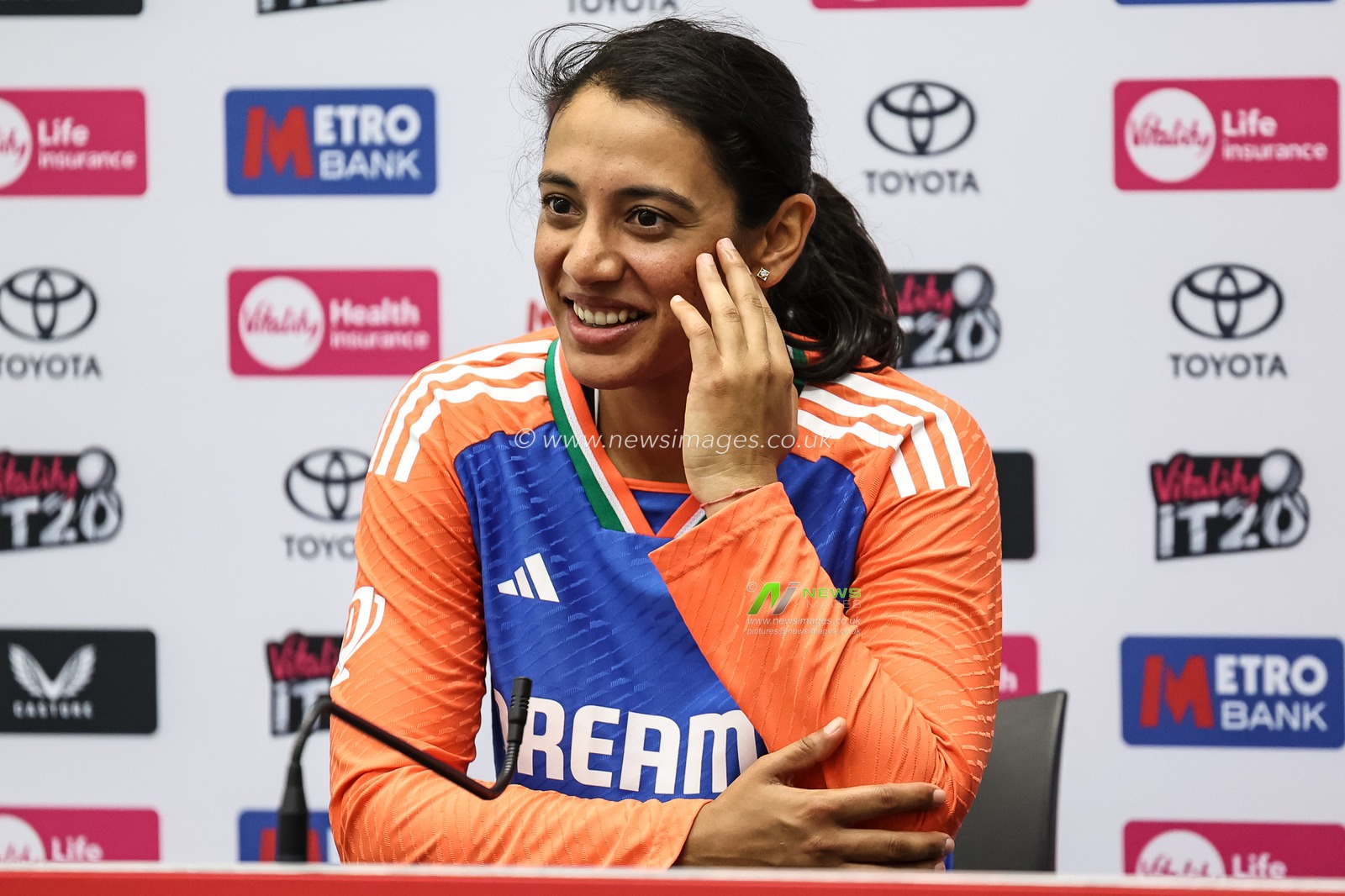 Smriti Mandhana of India speaks in the post match press conference during the 1st Vitality IT20 England Women vs India Women at Trent Bridge, Nottingham, United Kingdom, 28th June 2025

(Photo by Mark Cosgrove/News Images)