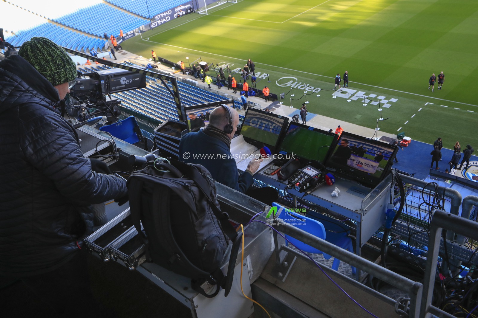 Football commentators view of the Etihad Stadium ahead of the Premier League match Manchester City vs Liverpool at Etihad Stadium, Manchester, United Kingdom, 25th November 2023

(Photo by Conor Molloy/News Images)