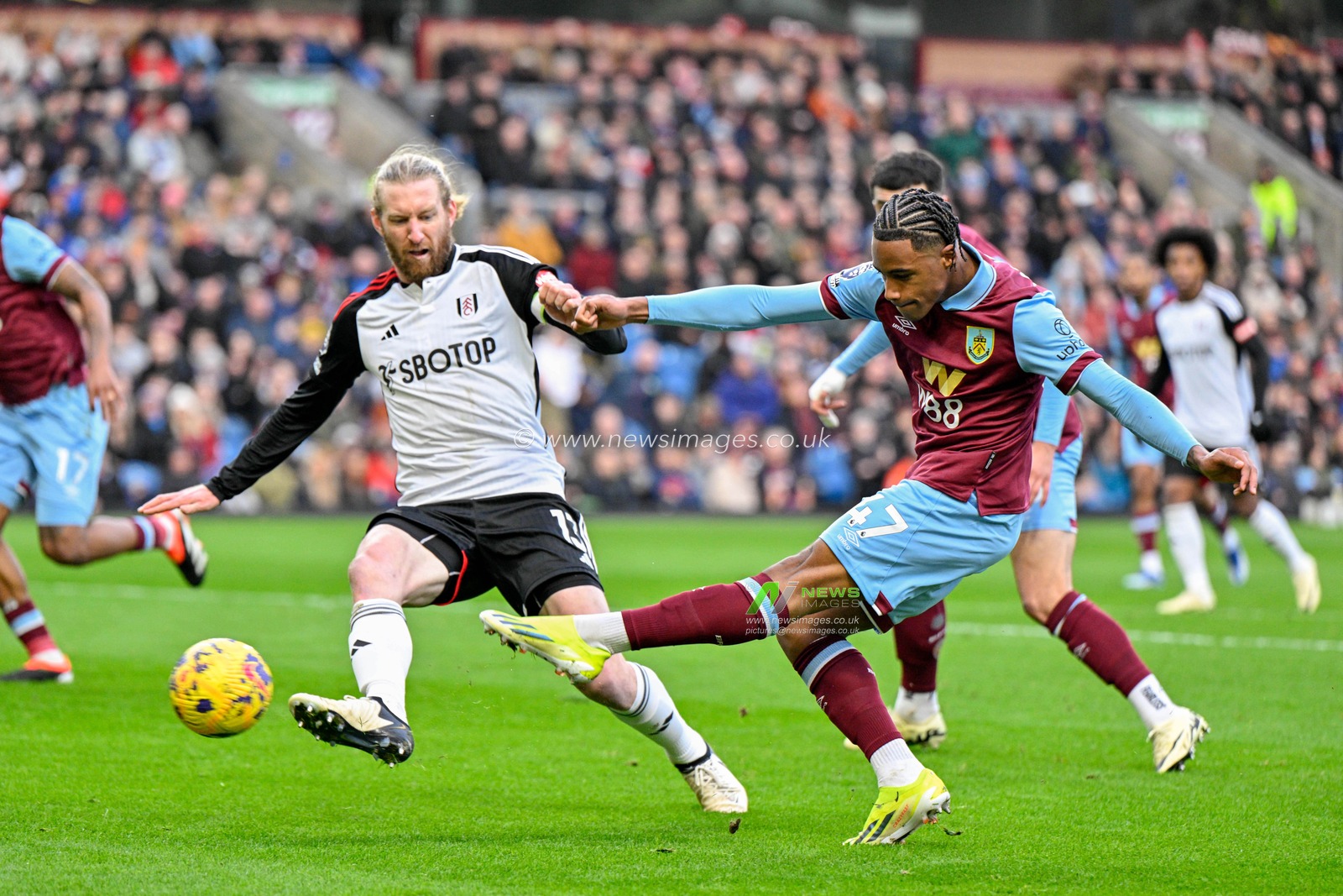 Wilson Odobert of Burnley strikes the ball on goal, during the Premier League match Burnley vs Fulham at Turf Moor, Burnley, United Kingdom, 3rd February 2024

(Photo by Cody Froggatt/News Images)