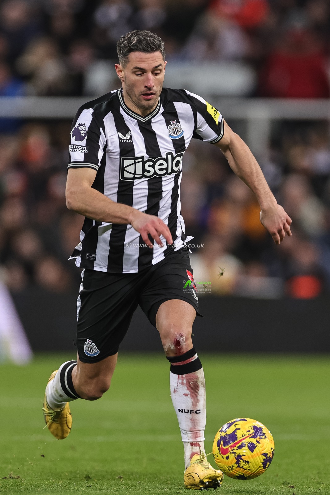 Fabian SchÃ¤r of Newcastle United breaks with the ball with a bloody knee during the Premier League match Newcastle United vs Manchester City at St. James's Park, Newcastle, United Kingdom, 13th January 2024

(Photo by Mark Cosgrove/News Images)