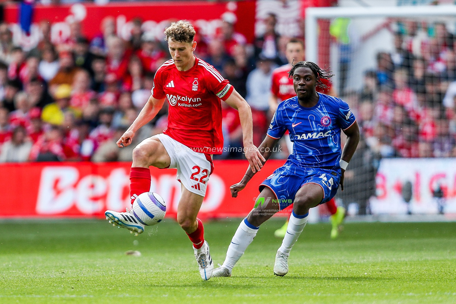 Ryan Yates of Nottingham Forest is put under pressure by Romeo Lavia of Chelsea during the Premier League match Nottingham Forest vs Chelsea at City Ground, Nottingham, United Kingdom, 25th May 2025

(Photo by Izzy Poles/News Images)